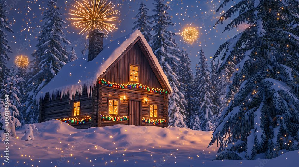Fototapeta premium Cozy snow-covered winter hut in a forest, decorated with Christmas lights. Fireworks light up the sky, creating a festive holiday scene, perfect for Christmas and New Year themes.