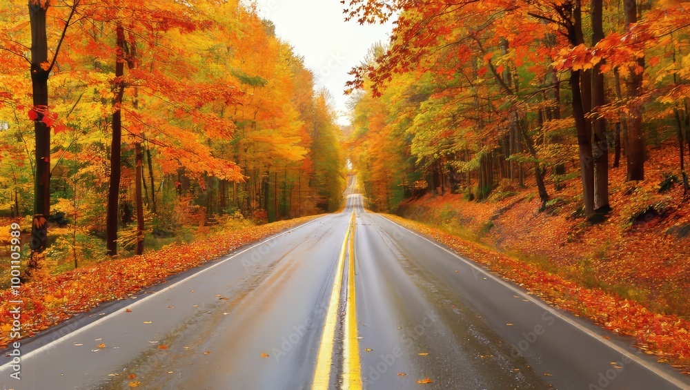 Serene Autumn Road Through Colorful Trees Serene Autumn Road Through Colorful Trees
