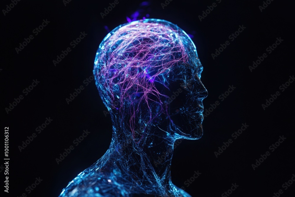 Obraz premium Glowing neural network in the shape of a human head