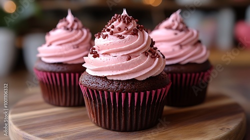 Three chocolate cupcakes with pink frosting and chocolate sprinkles on a wooden board.