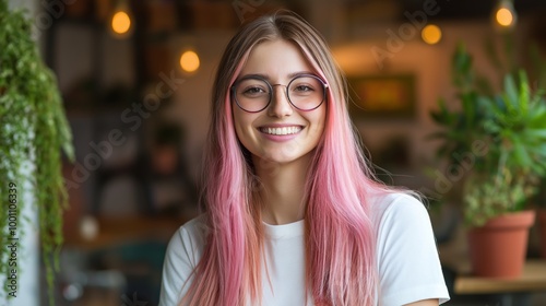 Portrait of Young Woman with Long Straight Pink Ombre Hair, Smiling Cheerfully Indoors, Wearing Glasses