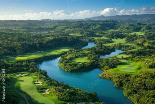 Lush green golf course surrounded by tropical forest and river