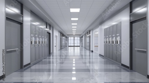 A hallway with a lot of metal doors and a lot of white walls