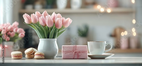 Pink tulips, a gift box, macarons, and a cup of coffee on a table.