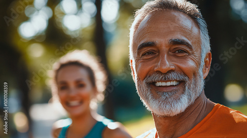 Elderly man smiling in a portrait outdoors, with a woman blurred in the background