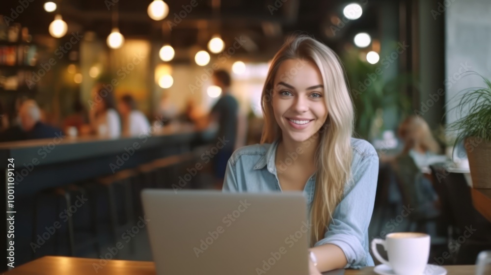 Smiling Woman Working on Laptop in Cafe Smiling Woman Working on Laptop in Cafe