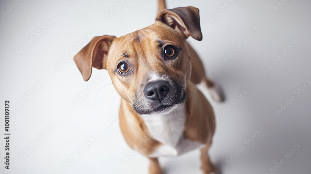 Playful brown dog with curious expression on white background Playful brown dog with curious expression on white background