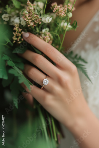 A bride’s left hand, wearing a sparkling engagement ring, gently holds a minimal bouquet ideal for modern wedding magazine features

