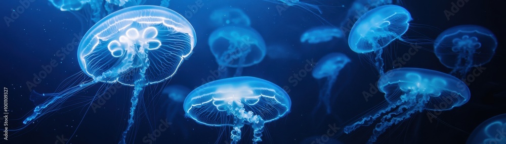 Mesmerizing Underwater Scene with Glowing Blue Jellyfish in the Deep Ocean Mesmerizing Underwater Scene with Glowing Blue Jellyfish in the Deep Ocean