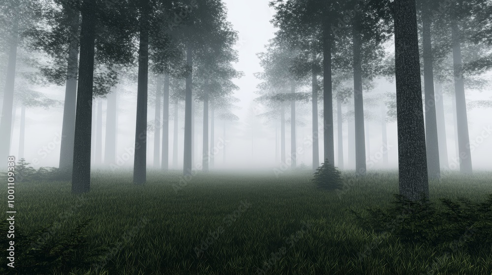 A dense forest shrouded in mist, tall trees reaching for the sky. A mysterious and eerie scene. A dense forest shrouded in mist, tall trees reaching for the sky. A mysterious and eerie scene.