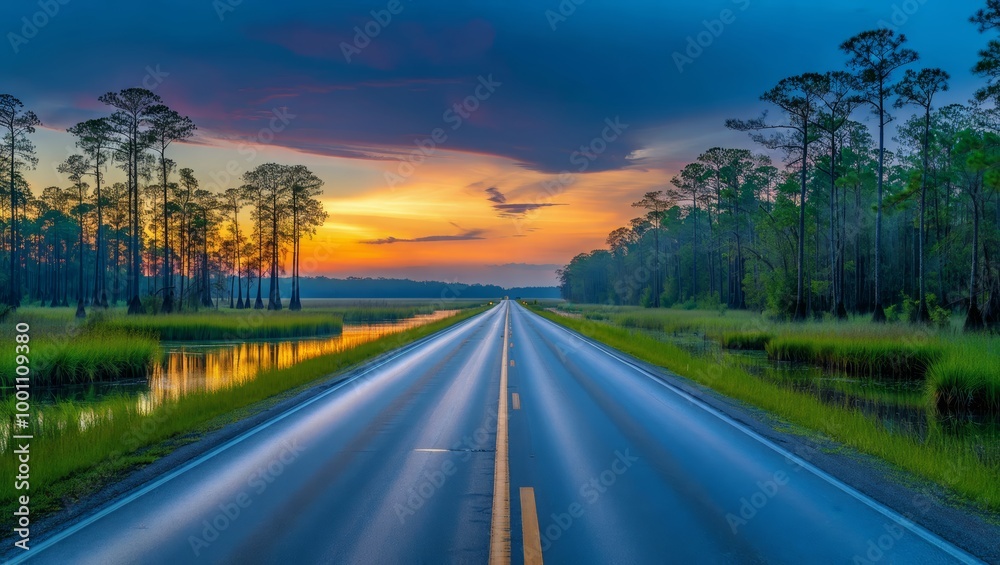 Serene Roadway Beneath Colorful Sunset Sky Serene Roadway Beneath Colorful Sunset Sky