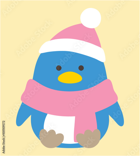 クリスマスのペンギンのベクターイラスト。冬、帽子、マフラー、鳥