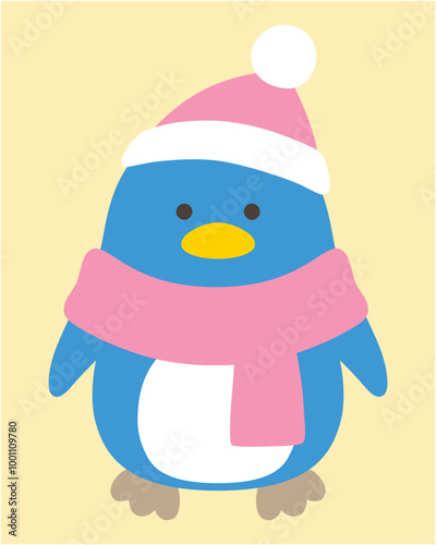 クリスマスのペンギンのベクターイラスト。冬、帽子、マフラー、鳥