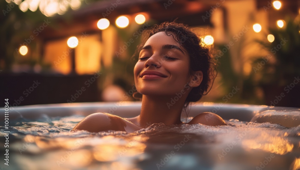 Relaxing evening soak in a warm tub surrounded by ambient lights Relaxing evening soak in a warm tub surrounded by ambient lights