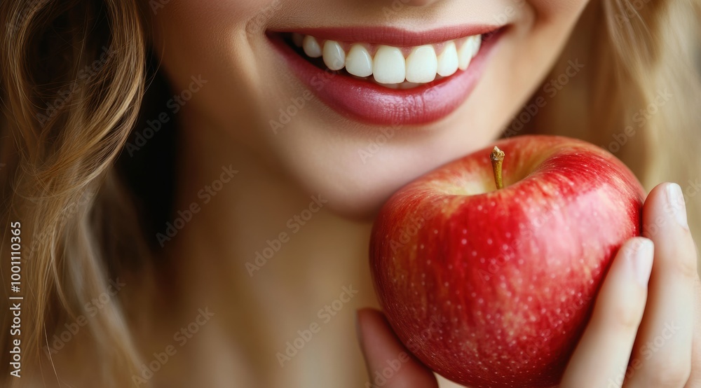 Smiling woman holding a fresh red apple in a bright setting Smiling woman holding a fresh red apple in a bright setting