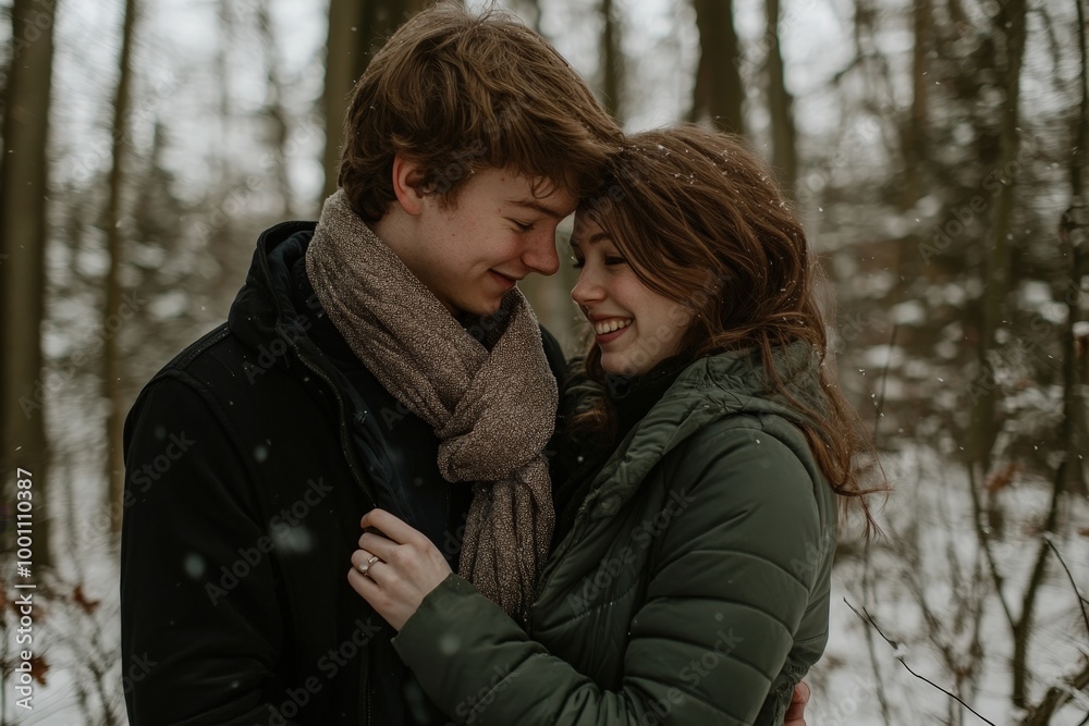 Couple embracing in snowy forest Couple embracing in snowy forest