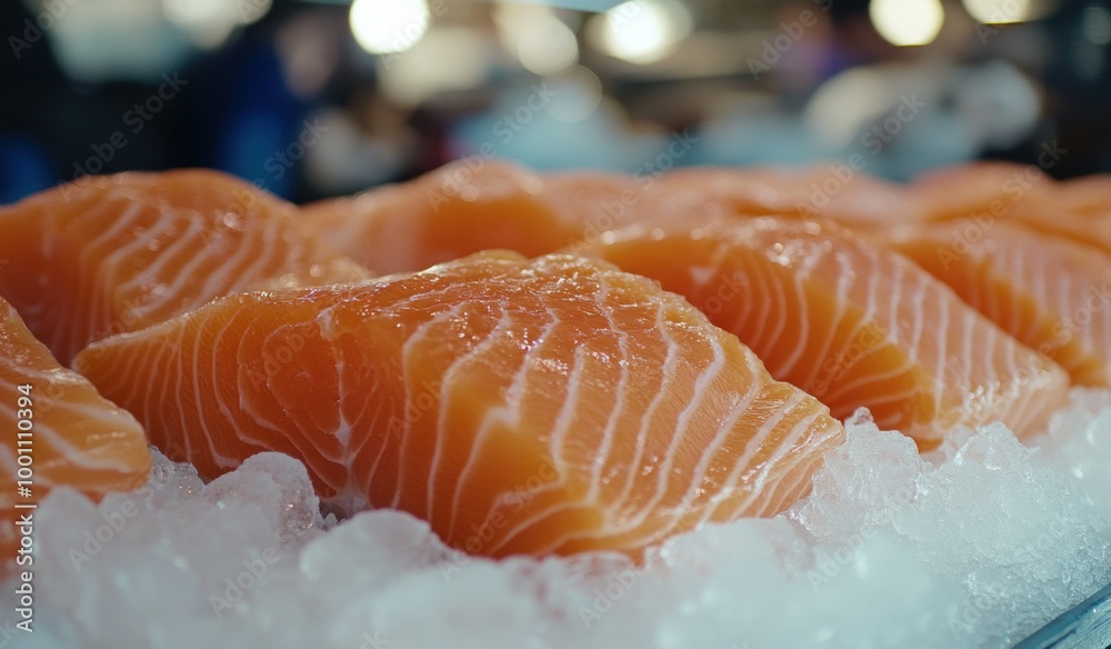 Fresh salmon fillets displayed on ice at a bustling fish market Fresh salmon fillets displayed on ice at a bustling fish market