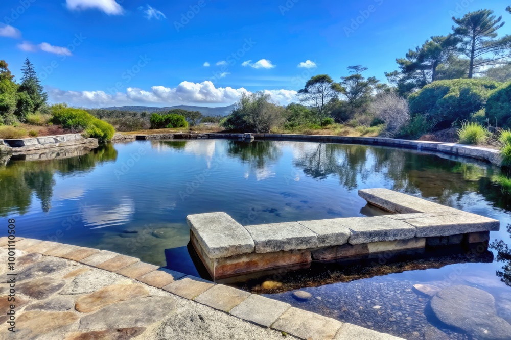 Obraz premium Tranquil pond reflecting a clear blue sky and rocks.