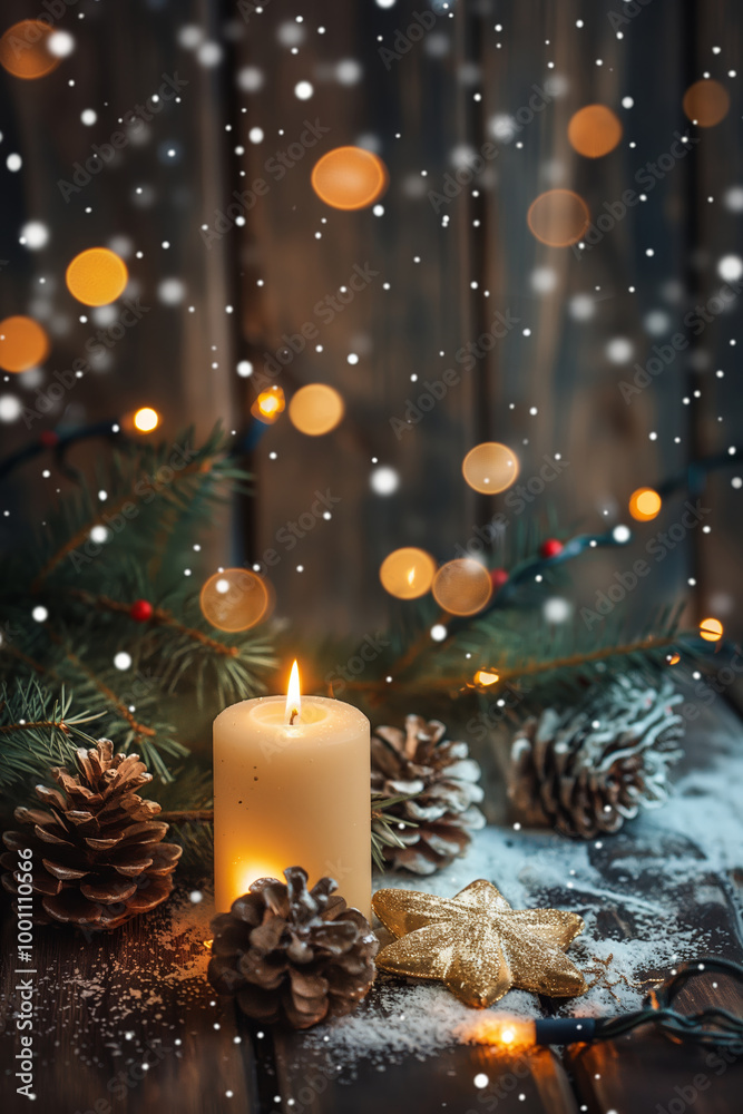 Christmas festive background with candle, fir branches, pine cones, and baubles. Xmas ornament for greeting card and Christmas related design. Christmas festive background with candle, fir branches, pine cones, and baubles. Xmas ornament for greeting card and Christmas related design.