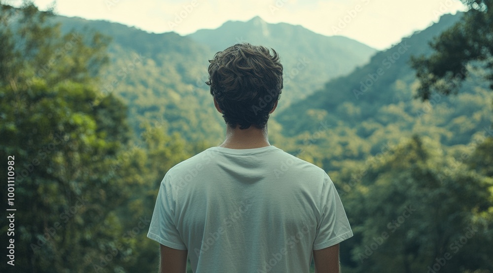 Young man gazing at mountain landscape in a serene forest setting Young man gazing at mountain landscape in a serene forest setting