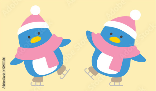 スケートするペンギンのベクターイラスト。クリスマス、冬、帽子、マフラー、鳥