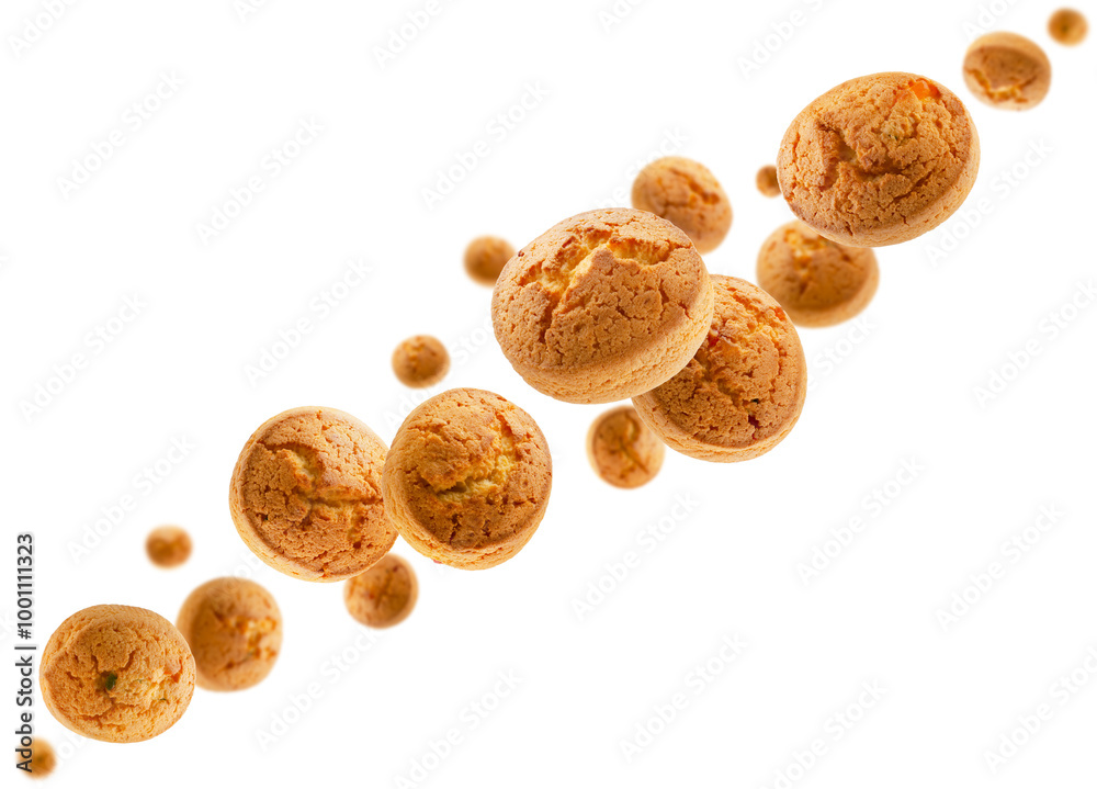 Curd cookies with candied fruits fly in space forming a chain shape. Volumetric backlight. Isolated on white. Curd cookies with candied fruits fly in space forming a chain shape. Volumetric backlight. Isolated on white.