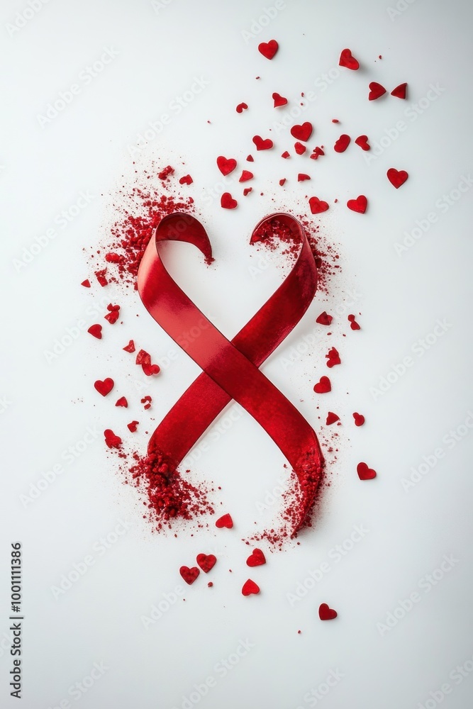 A creative arrangement of a red ribbon shaped like an infinity symbol with heart decorations. A creative arrangement of a red ribbon shaped like an infinity symbol with heart decorations.