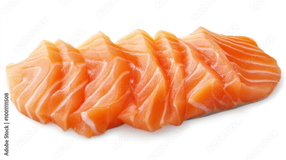 Freshly sliced salmon sashimi served on a white background Freshly sliced salmon sashimi served on a white background