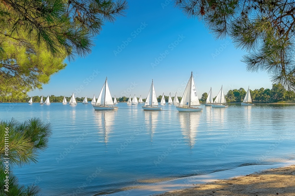 Obraz premium Sailboats on a serene lake surrounded by pine trees