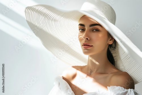 Stunning elegant woman fashion white hat summer sunlight chic beauty luxury sophistication timeless classic glamour radiant portrait upscale resort travel model banner copy space white photo