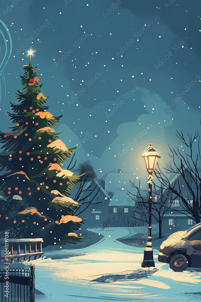 Obraz premium Christmas festive illustration, perfect for greeting card and xmas design. Winter night at village, decorated Christmas tree. Colorful Merry Christmas scene. 