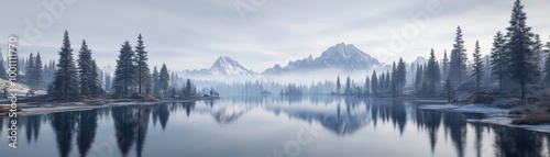 Serene lake with mist-covered mountains and tall evergreen trees reflecting in the water.
