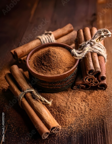 Ground cinnamon, cinnamon sticks, tied with jute rope and cinnamon powder in rustic style.