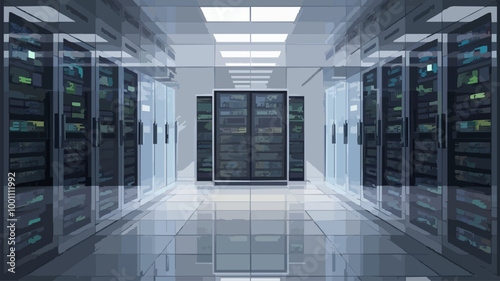 Modern data center with server racks, sleek high-tech environment with glass walls and reflective floors.