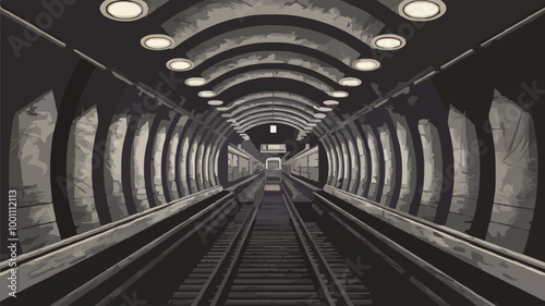 Subway tunnel with circular lamps and dust, dimly lit and filled with shadows.