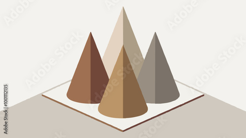 Serene minimalist scene with geometric cones in earthy tones, evoking a sense of tranquility and balance.