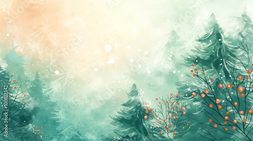 Christmas festive illustration, perfect for greeting card and xmas design. Spruce trees and winder landscape. Colorful Merry Christmas scene.  photo