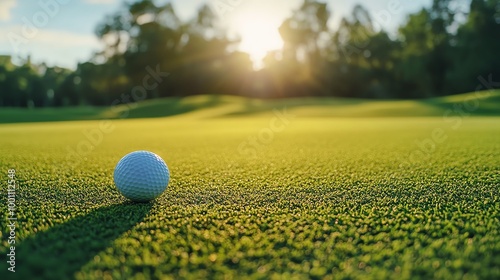 A serene golf course at sunset, featuring a single white golf ball resting on vibrant green grass.