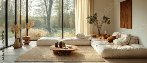 Modern Living Room with Fireplace and Floor-to-Ceiling Windows for a Cozy Ambiance photo