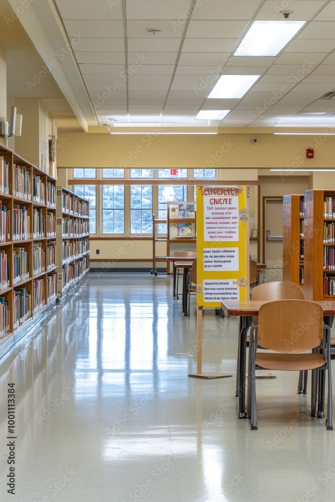 A quiet library interior with shelves, tables, and a notice board for visitors.