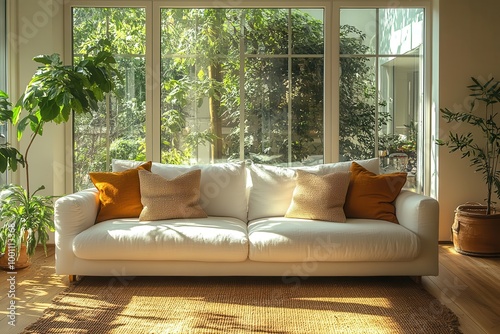 inviting minimalist living room with a cozy white sofa adorned with textured pillows natural sunlight streaming through large windows creating a warm and serene atmosphere