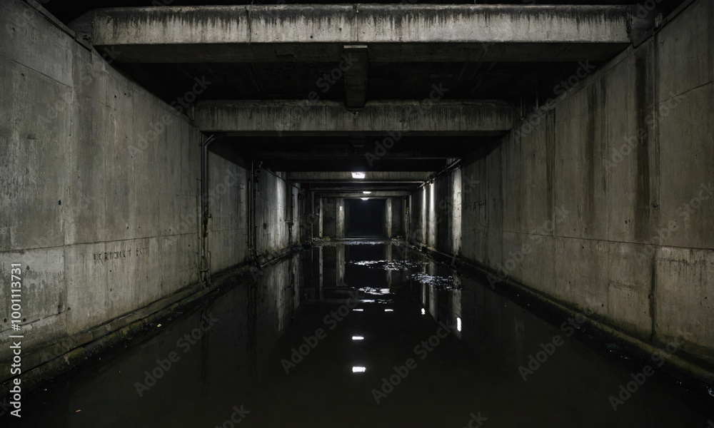 Obraz premium A flooded underpass with dim lights reflecting in the water