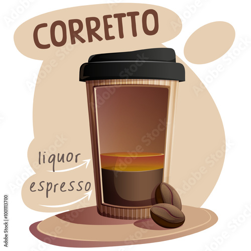 Corretto coffee in paper cup with coffee beans. Vector illustration for banner, website, poster, menu. Illustration for cafe, coffee house, bar, food concept, recipe
