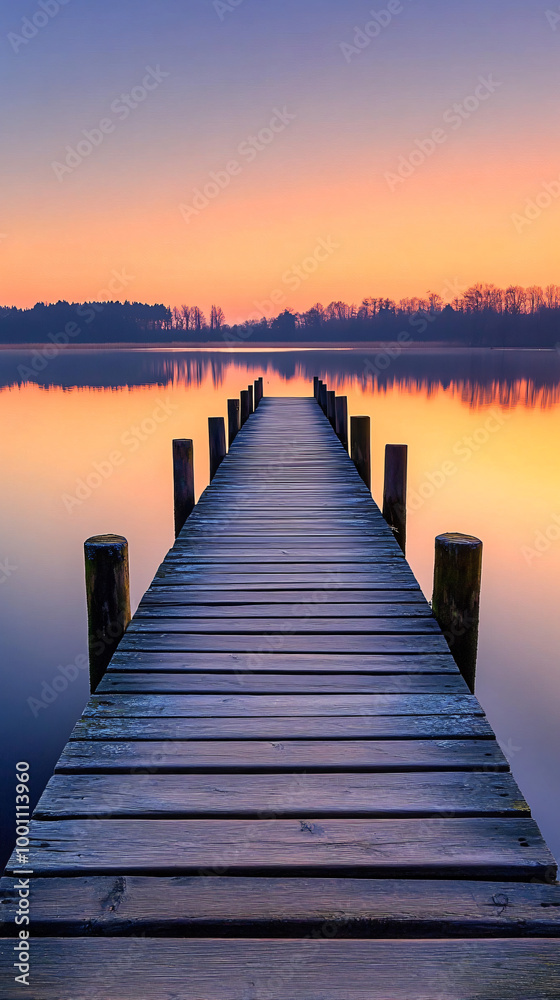 Wooden pier stretches into a lake, mirroring the vibrant sunset sky Wooden pier stretches into a lake, mirroring the vibrant sunset sky