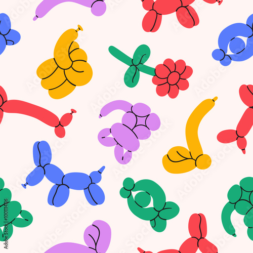 Balloon animal seamless background. Entertainment equipment. Elephant, dog, cat, giraffe, snake vector illustration. Toys for kid birthday party pattern.