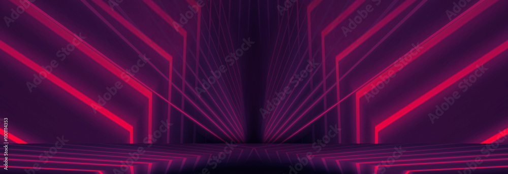 Neon light in tunnels, rays and lines. Perspective of light in motion. Dark abstract neon background, empty stage. Neon light in tunnels, rays and lines. Perspective of light in motion. Dark abstract neon background, empty stage.