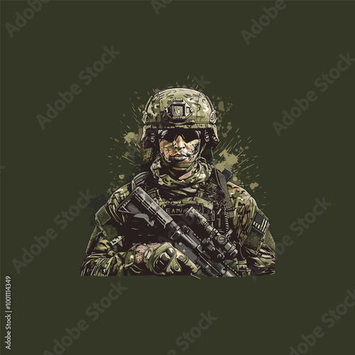 Soldier in full combat gear Flat vector illustration

