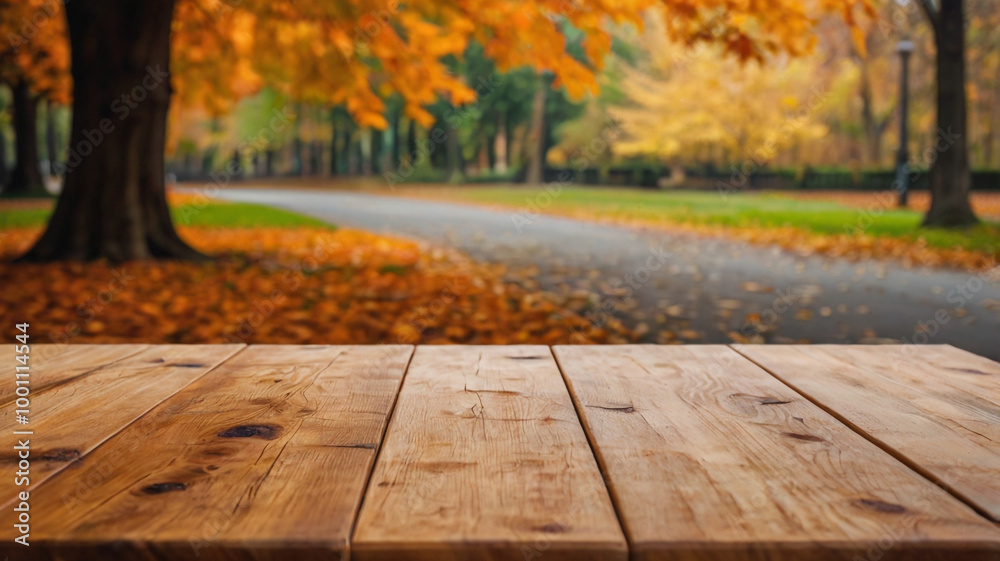 A photo of a wooden table. The table is set against a natural background of autumn trees with orange leaves. A photo of a wooden table. The table is set against a natural background of autumn trees with orange leaves.