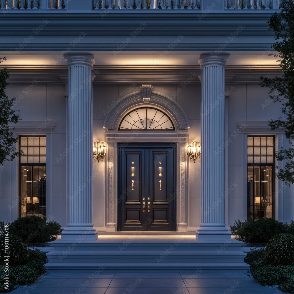 Obraz premium A beautifully crafted double door leading into a grand entryway, flanked by elegant columns and soft lighting, creating a welcoming atmosphere.