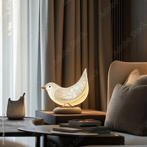 A bird-shaped table lamp with intricate details, perched on a living room console, casting a soft light across the room. photo